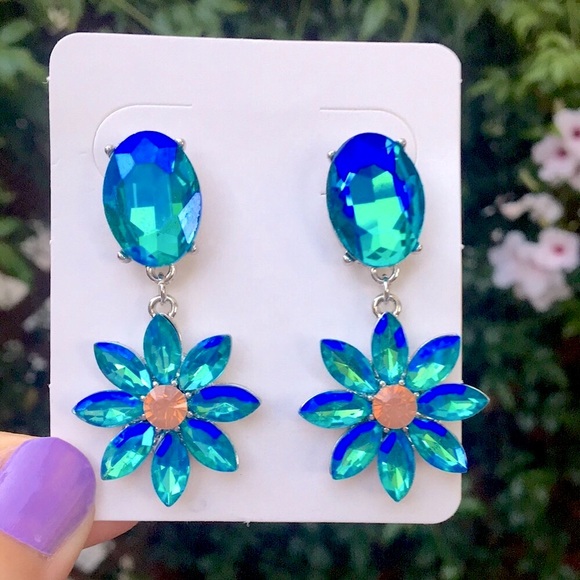 Jewelry - Iridescent Aquamarine Aurora Borealis + Pink Opal Crystal Flower Drop Earrings